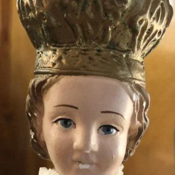 Vintage Infant of Prague Jesus Statue Chalkware Layer Gown Lace Trim Embroidered
